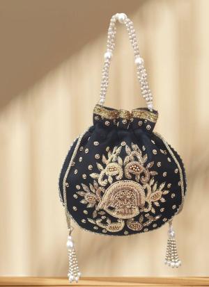 Black Pearl-Handle Embroidered Potli Bag