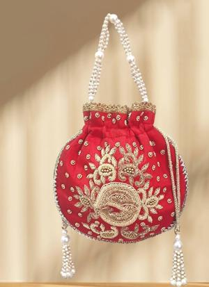 Regal Crimson Pearl Embroidered Handbag