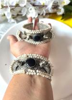Silver Pearl Bracelets with Black Gemstone
