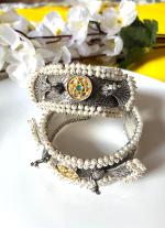 Silver Pearl Bracelets with Green and Gold Stone