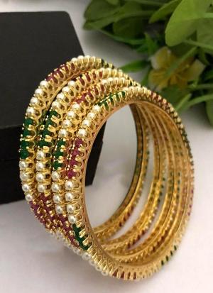 Gold Pearl Bangles with Green and Red Gemstone