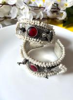 Silver Pearl Bracelets with Red Gemstone