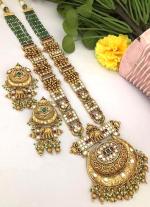 Green, Red & White Gemstone Gold Long Necklace Set with Elephant Motif