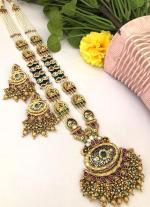 Gold Long Necklace with Red &Enamel  Green Gemstones & Pearl Embellishments
