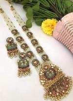 Red, Green & White Gemstone Gold Long Necklace Set with Square Shape Earrings