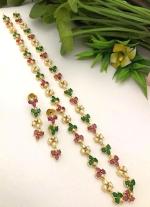 Alternating Green & Pink Gemstone Gold Necklace Set with Matching Earrings