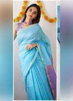 Sky Blue Silk Cotton Saree with Sleek Borders & Contrast Pallu