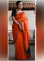 Orange Black Silk Cotton Saree with Sleek Borders & Contrast Pallu