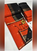 Orange Black Silk Cotton Saree with Sleek Borders & Contrast Pallu
