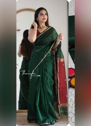 Green Silk Cotton Saree with Red & Gold Border