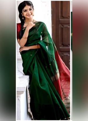 Silk Cotton Saree with Red & Gold Border