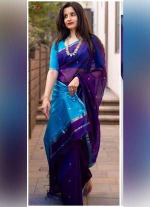 Blue Silk Cotton Saree with Silver Border & Contrast Pallu