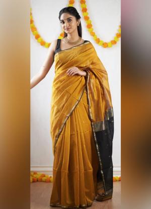 Mustard Yellow Silk Cotton Saree with Black & Gold Border