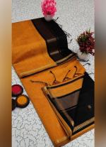 Mustard Yellow Silk Cotton Saree with Black & Gold Border