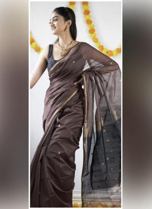 Brown Silk Cotton Saree with Golden Border & Contrast Pallu
