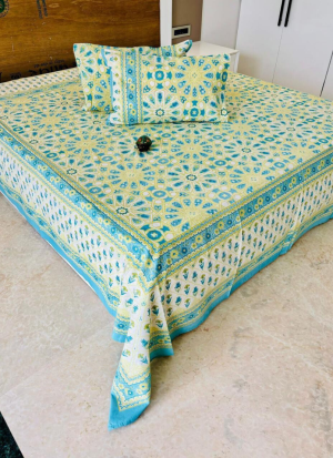 White And Turquoise Floral Bed Sheet