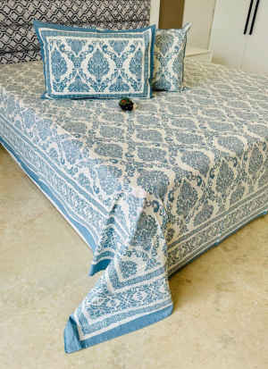 White And Blue Floral Bed Sheet