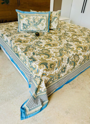 White And Teal Floral Bed Sheet